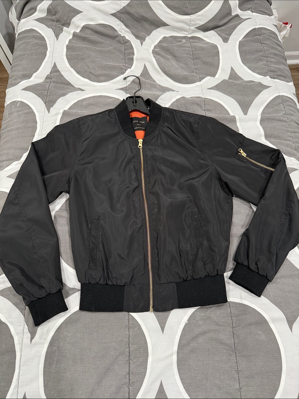 Love Tree Black Bomber Jacket with Gold Hardware